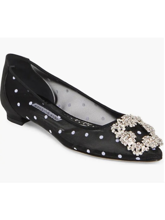 Manolo Blahnik Shoes - Manolo Blahnik Hangisi Black Polka Dot Mesh Crystal Buckle Flats 40 (9.5-10)